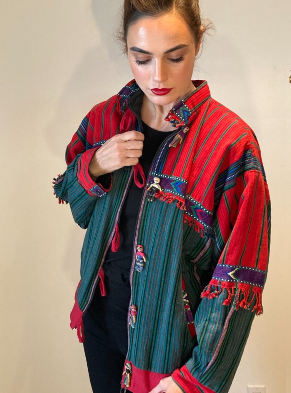 Guatemalan Handmade Vintage Jacket Chicos Cotton Fringe Quitapenas ~ Sz M/L